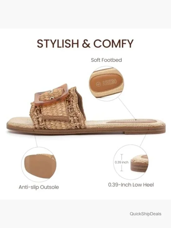 Raffia Flat Sandals Square Toe Slide Slip On Summer Beach - Picture 4 of 7